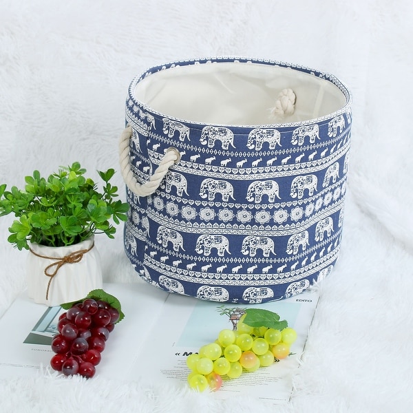 Linen Fabric Storage Bin Toy Box Basket Organizer - Blue Elephant - 13" x 9.8"