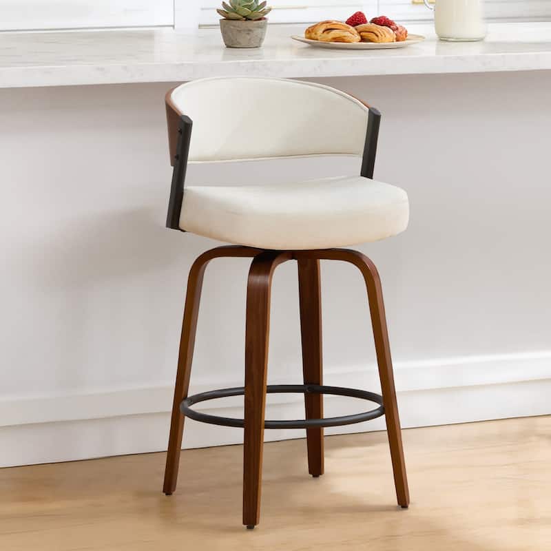 Upholstered Swivel Counter Height Bar Stool with Curved Back and Bentwood Frame - 37.2"H x 19.1"W x 20.5"D - Set of 3 - Off-White