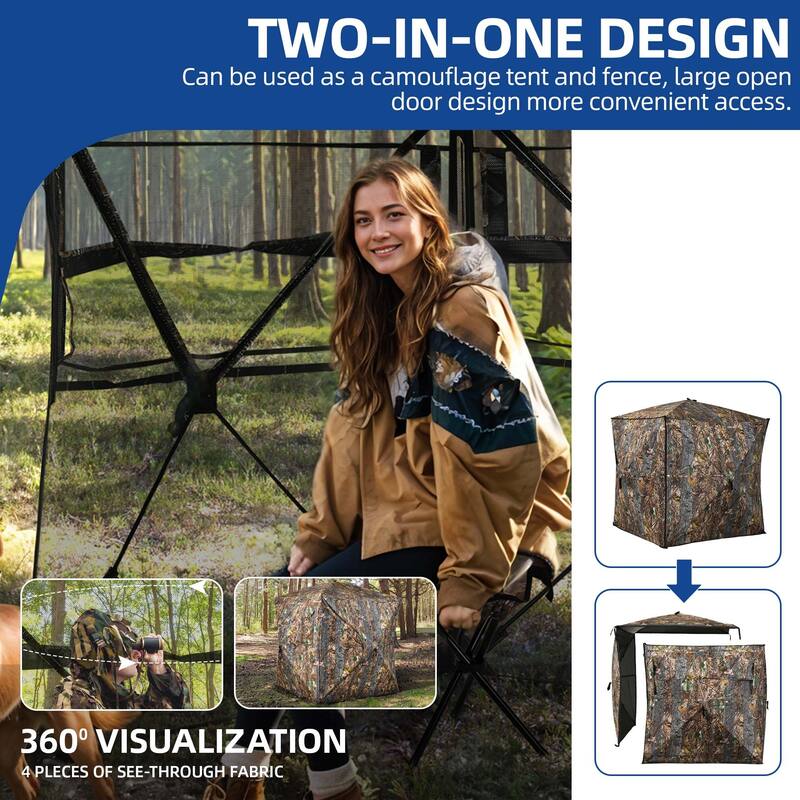Moasis Hunting Blind 2-3 Person with Hunting Stool, 360 Degree See Through Pop up Ground Blinds for Hunting