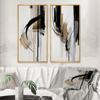 Designart "Black, White And Gold Expression I" Abstract Framed Canvas Set Of 2 For Living Room Decor