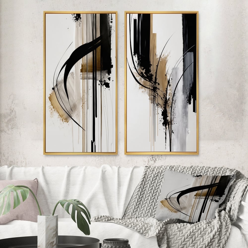 Designart "Black, White And Gold Expression I" Abstract Framed Canvas Set Of 2 For Living Room Decor