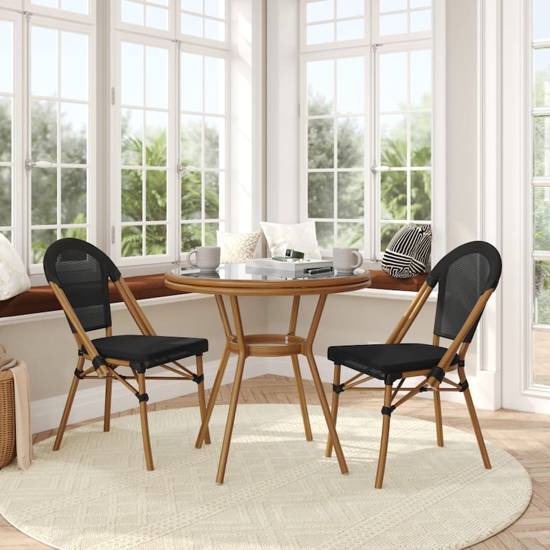 Indoor/Outdoor Commercial Bistro Set with Table and Two Chairs - Black Textilene/Natural Frame