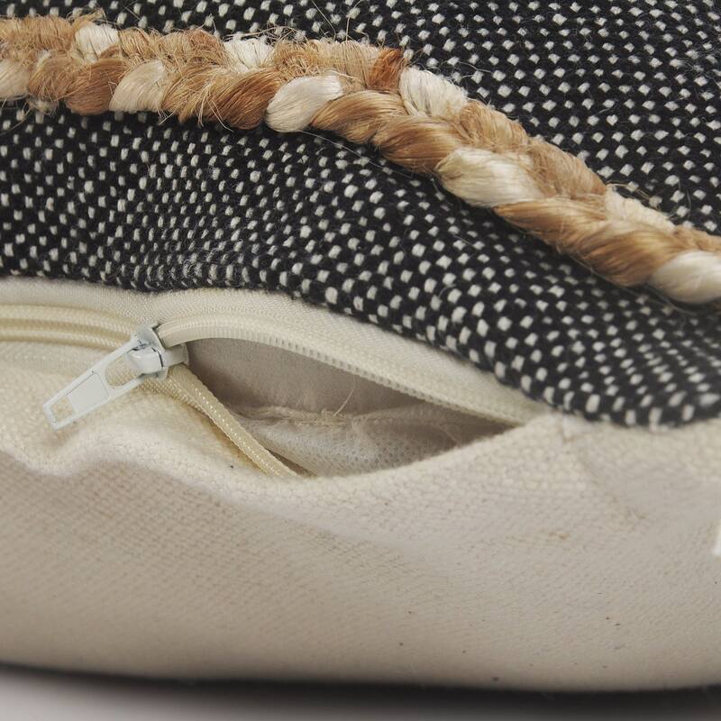 24" Black and Taupe Striped Square Throw Pillow with Jute Braiding