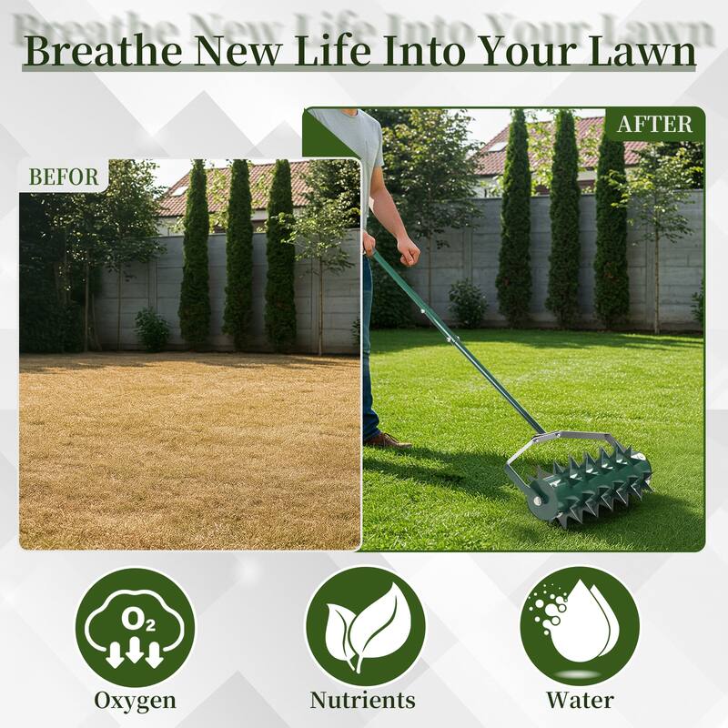 Green Lawn Aerator with Heavy-Duty Galvanized Steel Drum and Double Spikes and Rubber Handle - (17.3 x 6.7 x 59.8) in
