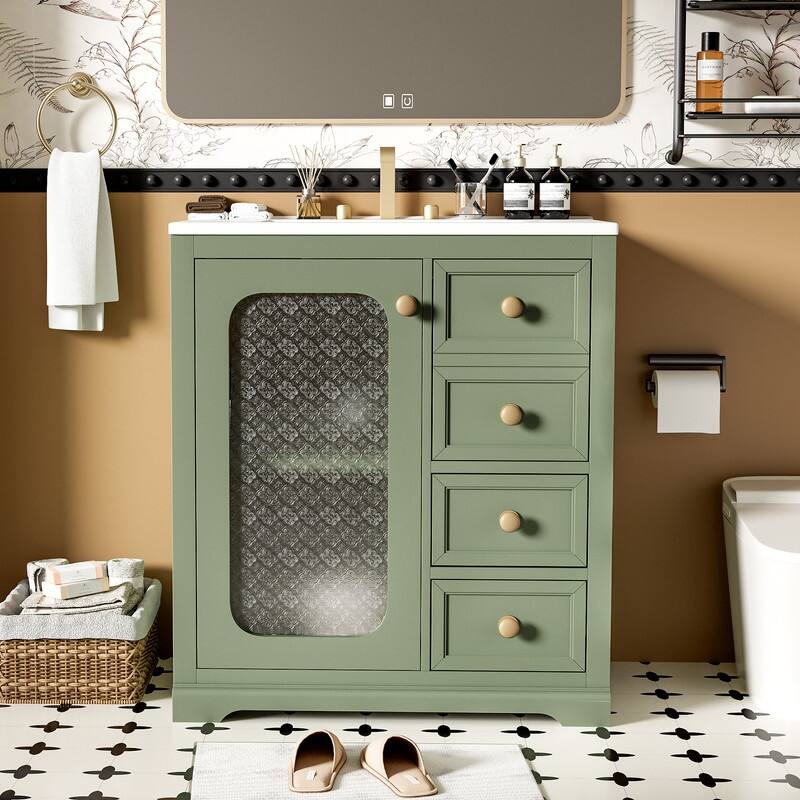 30''/36'' Bathroom Vanity with Sink, 3 Drawers Bathroom Storage Cabinet with Soft-Close Glass Door and Adjustable Shelf