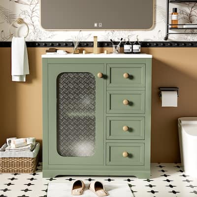 30-inch bathroom vanity with a soft close glass door, adjustable shelves, and three drawers