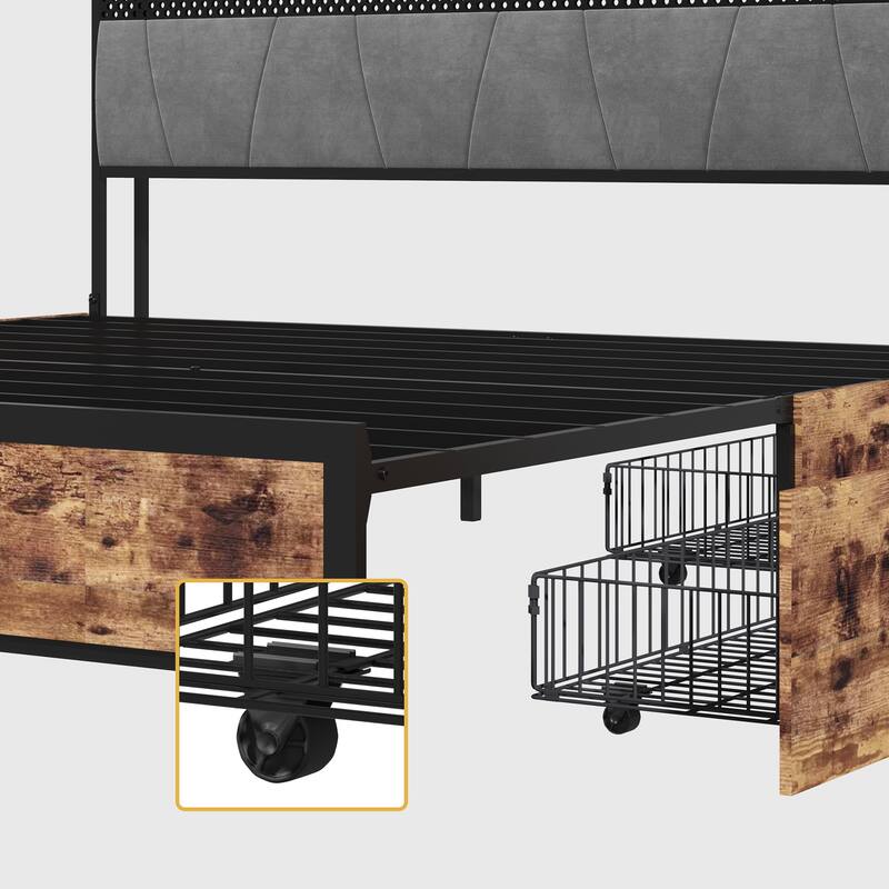 Queen Size Metal Platform Bed Frame with LED RGB Headboard, 4 Rolling Storage Drawers, Built-In Charging Station