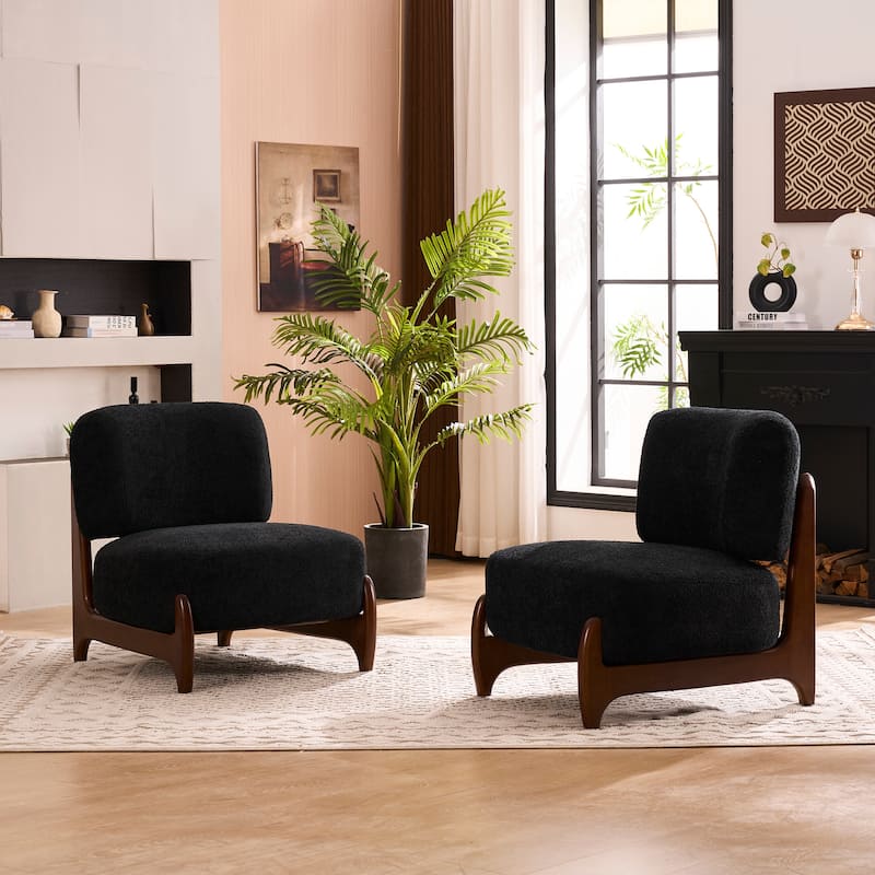 30"W Mid-Century Modern Accent Chair with Solid Wood Frame, Boucle Comfy Living Room Chair for Bedroom Lounge Reading Room - Set of 2 - Black