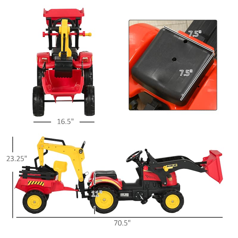 Pedal Car Digger Toy Move Forward/Back with 6 Wheels and Detachable Cargo Trailer