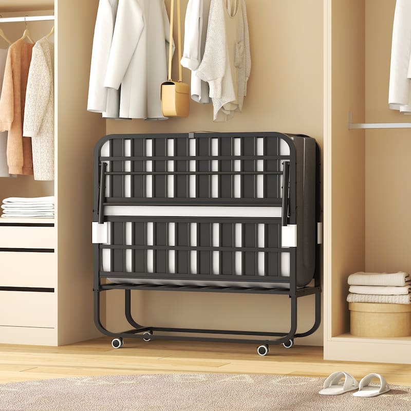 75" Wide Folding Bed with Adjustable Headboard, Extra Long Rollaway Bed, 5" Memory Foam Mattress, Heavy-Duty Guest Bed