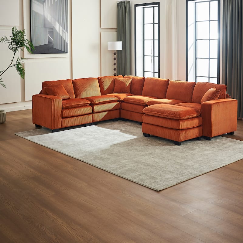 Modern U-Shaped 6-seat Modular Sectional Sofa with 1 Ottoman & 3 Toss Pillows
