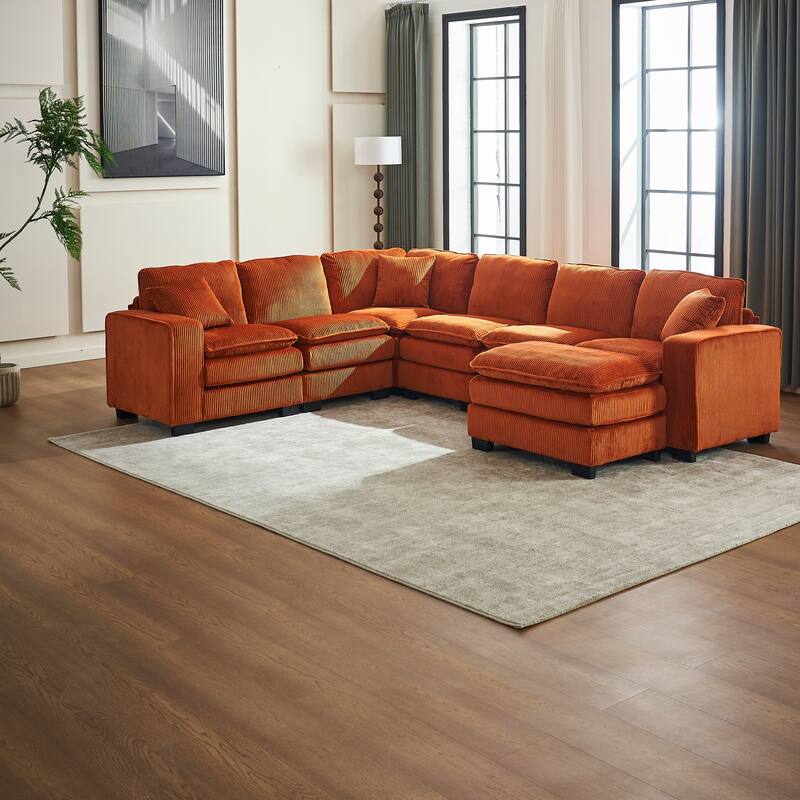 Modular Sectional Sofa for Living Room, U Shaped Sofa Couch with Ottoman and Three Toss Pillows, Corduroy Fabric Sofa Set