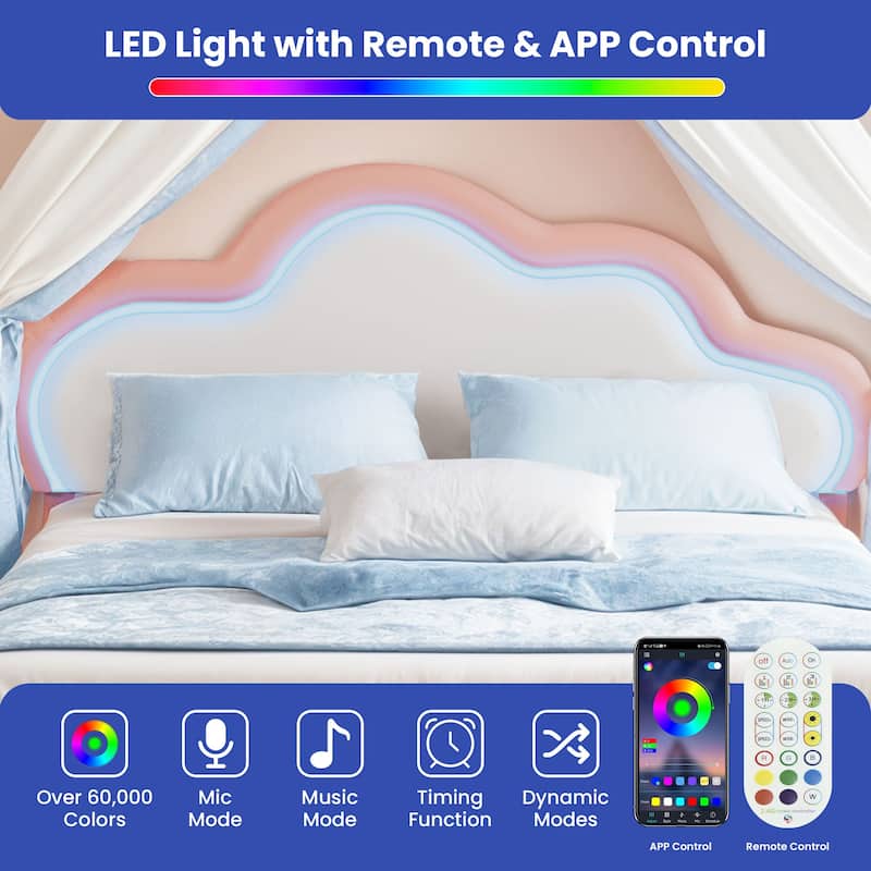 Moasis PU Adjustable Cloud Headboard Bed Frame Platform with LED
