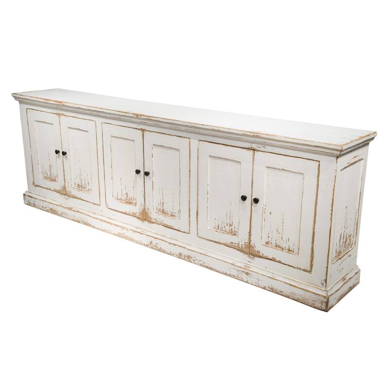 Miy Sideboard Buffet Cabinet, 6 Door, Antique White Pine Wood 106 Inch