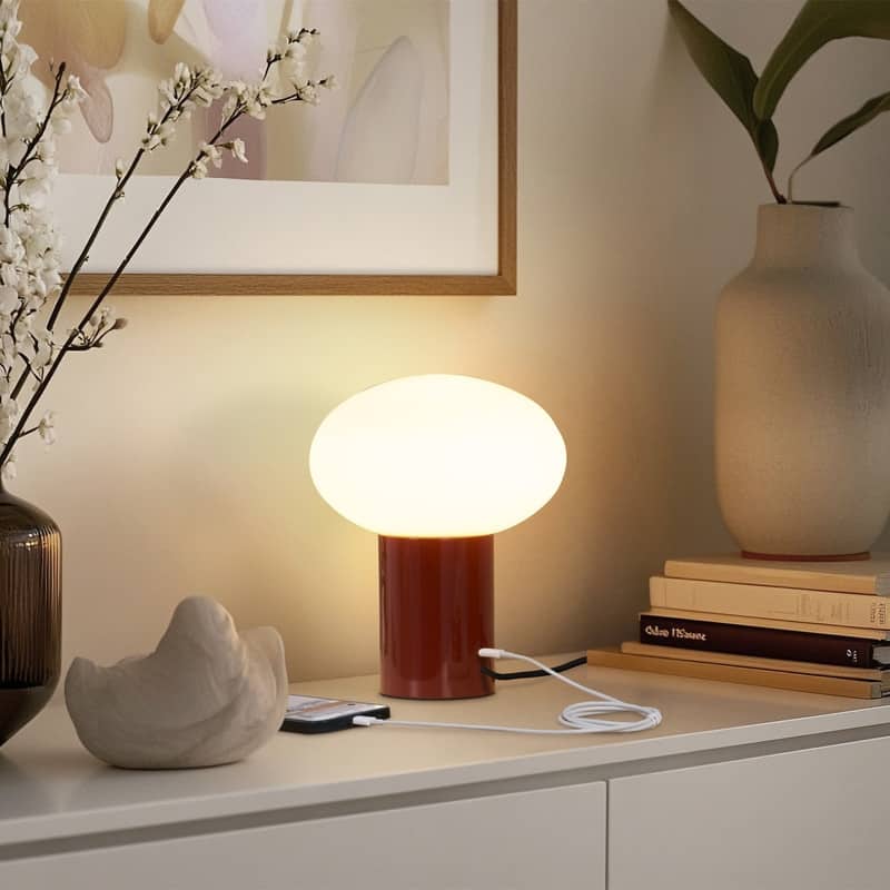 Brightech Ivy LED Glossy Red Midcentury Round Globe Dimmable Bedside Nightstand Desk Lamp