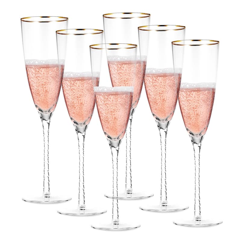 Berkware Luxurious Crystal Champagne Flutes with Twisted Stem and Gold Rim - Set of 6