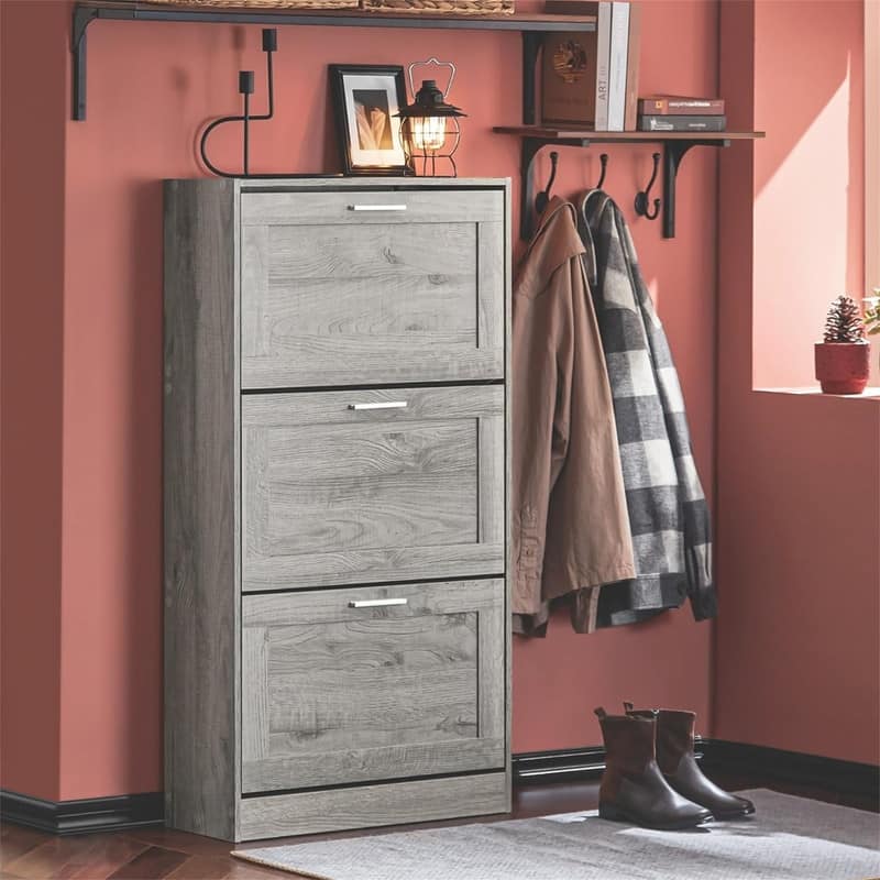 Natural Shoe Storage Cabinet with 3 Flip-Drawers - 9.1"D x 23.4"W x 45.2"H - Grey