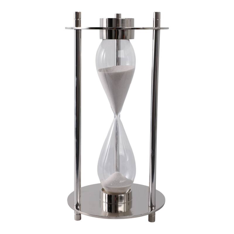 Modern Metal and Glass Hourglass Timer with Frame and Built-In Compass - 7" x 7" x 15" - Ivory/ Tan