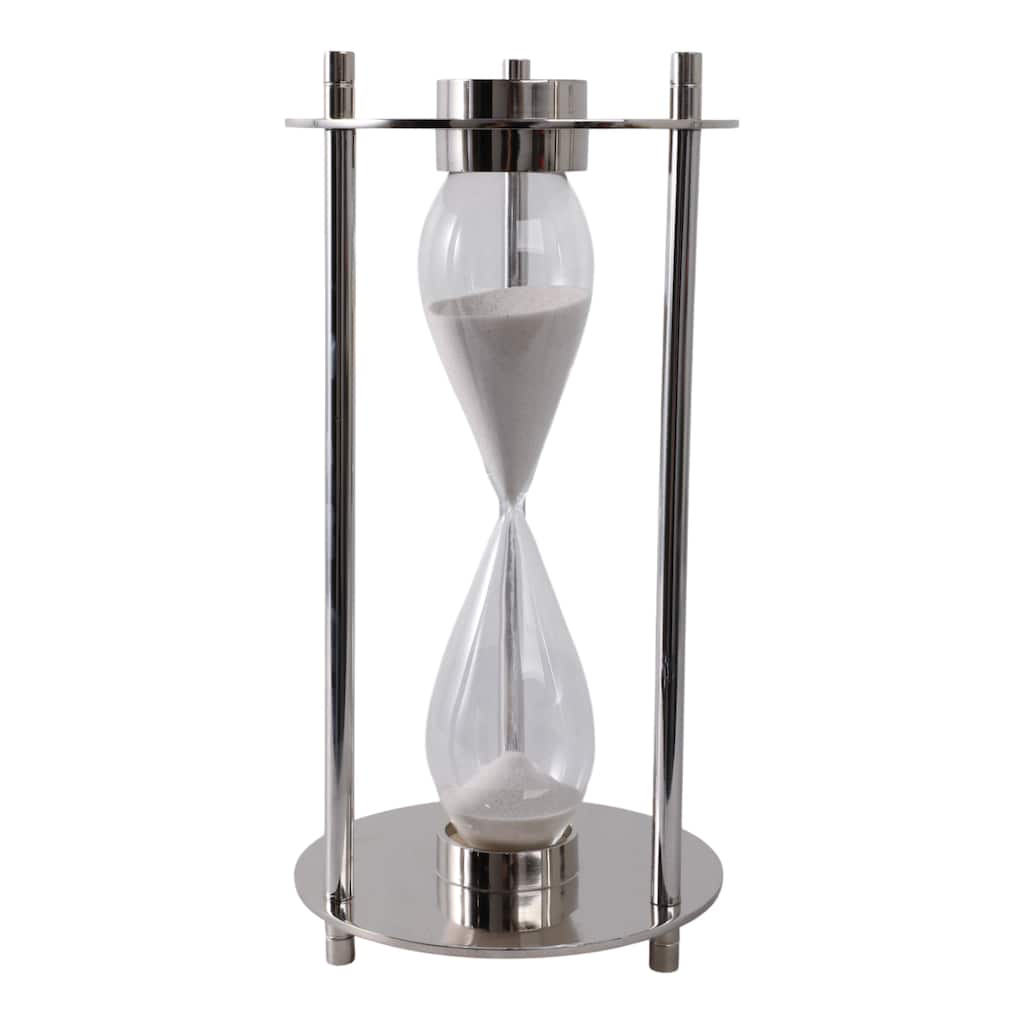 Modern Metal and Glass Hourglass Timer with Frame and Built-In Compass