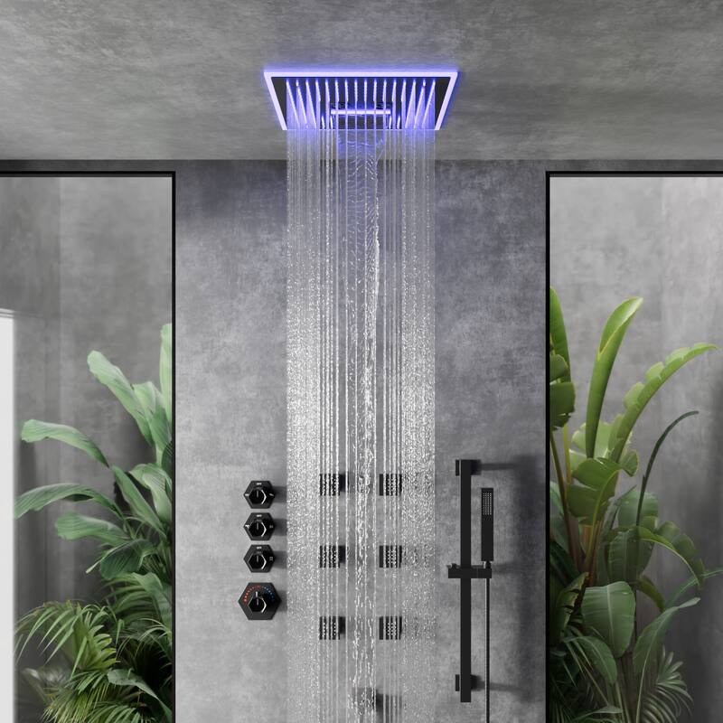 Shower Faucet System 16" Ceiling Mount Shower Head 3 Spray Modes Body Jets Handheld Spray with Slide Bar LED Music