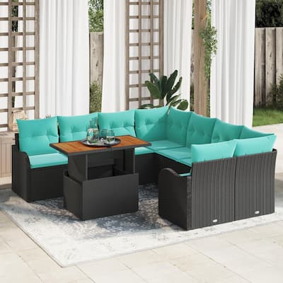 vidaXL 9 Piece Patio Sofa Set with Cushions Black Poly Rattan - 91.5×92.1×27.2