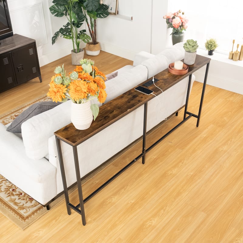 Homy Casa Console/Sofa Table with Outlets & USB Ports, Metal Frame - Brown - Wood