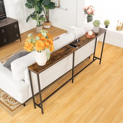 Homy Casa Console/Sofa Table with Outlets & USB Ports, Metal Frame