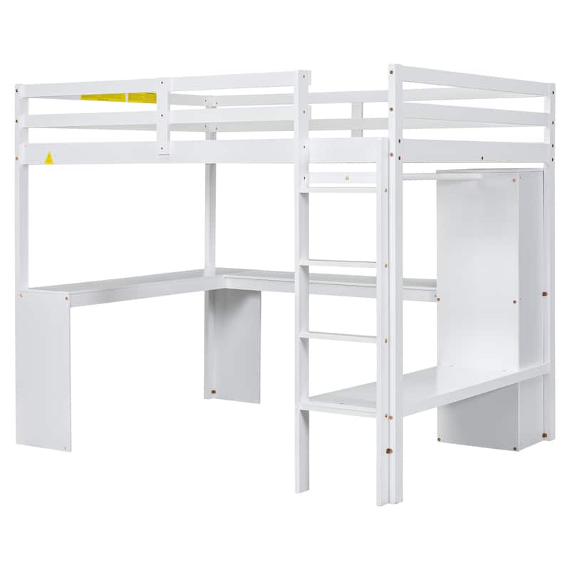 Full Size Solid Wood Loft Bed with L-shaped Desk and Storage Shelves