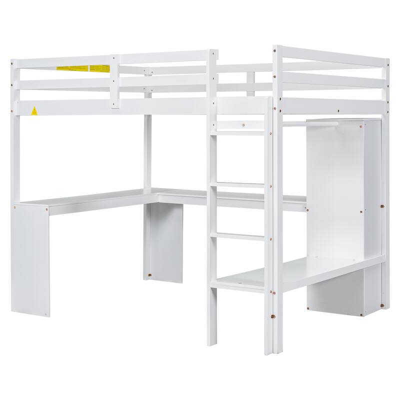 MERAX Loft Bed with L-shaped Desk, Wardrobe and Storage Shelves