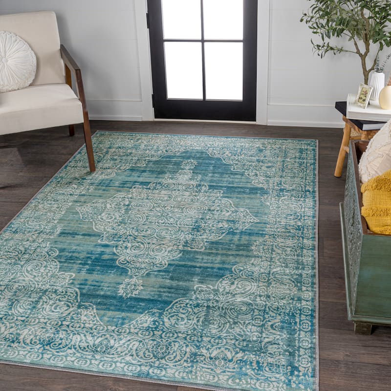 JONATHAN Y Asa Bohemian Medallion Machine Washable Area Rug - 5 X 8 - Teal/Cream