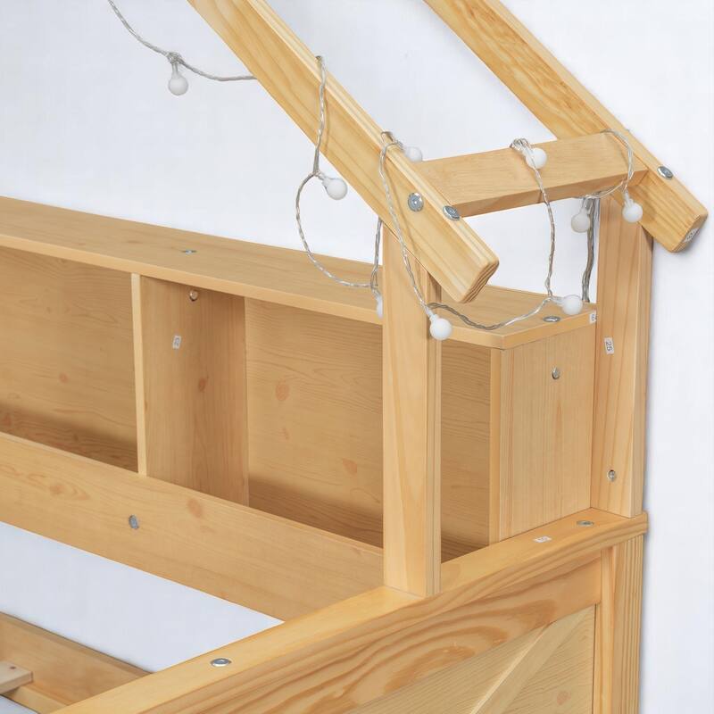 Full House Platform Bed Frame with LED, 2 Drawers, Shelves, Pine Wood & MDF Construction