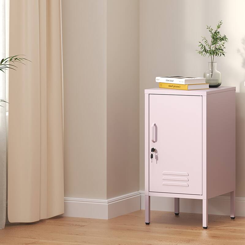 Single Door Lockable Metal End Table,Modern Minimalist Room Side Table with 2 Adjustable Shelf,Multi Storage Cabinet