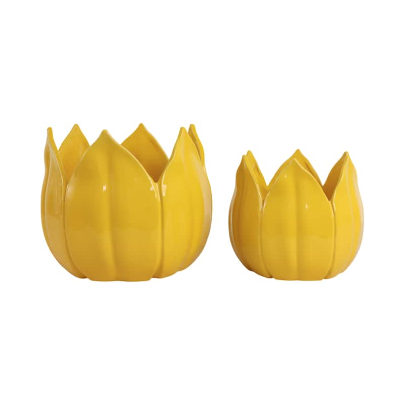 Stoneware Ceramic Planters Petal Design and Drainage Hole (Set of 2) - 12" x 12" x 10" - Yellow