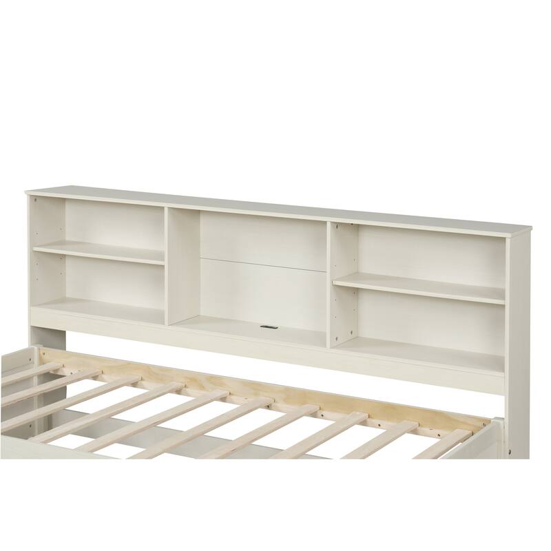 Twin Size Captains Bed Frame Built-in USB Port, Sideboard, Bookcase Guardrail and 2 Drawers, Wooden Storage Bed, Save Space