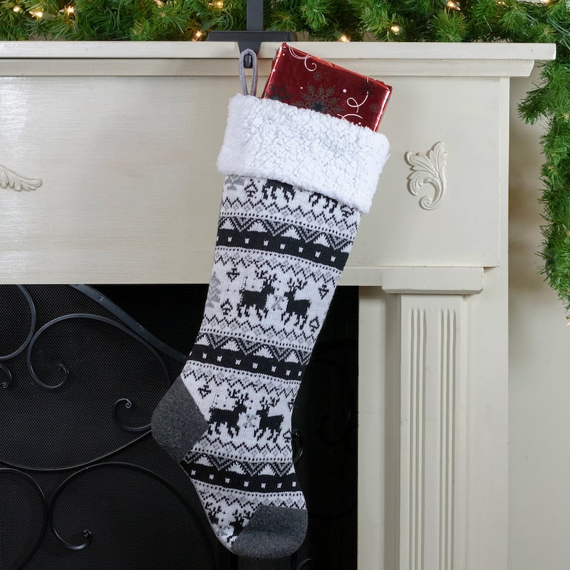 21" Black Gray and White Rustic Lodge Knit Christmas Stocking with High Pile Fleece Cuff