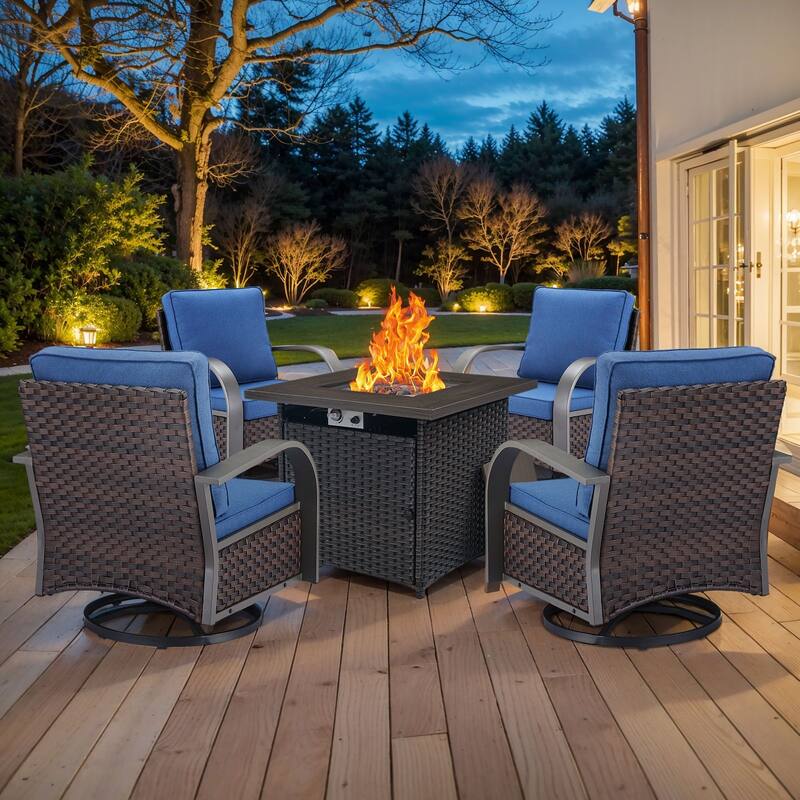 Patio 4PCS Swivel Chair with Fire Pit Table - Brown - Blue