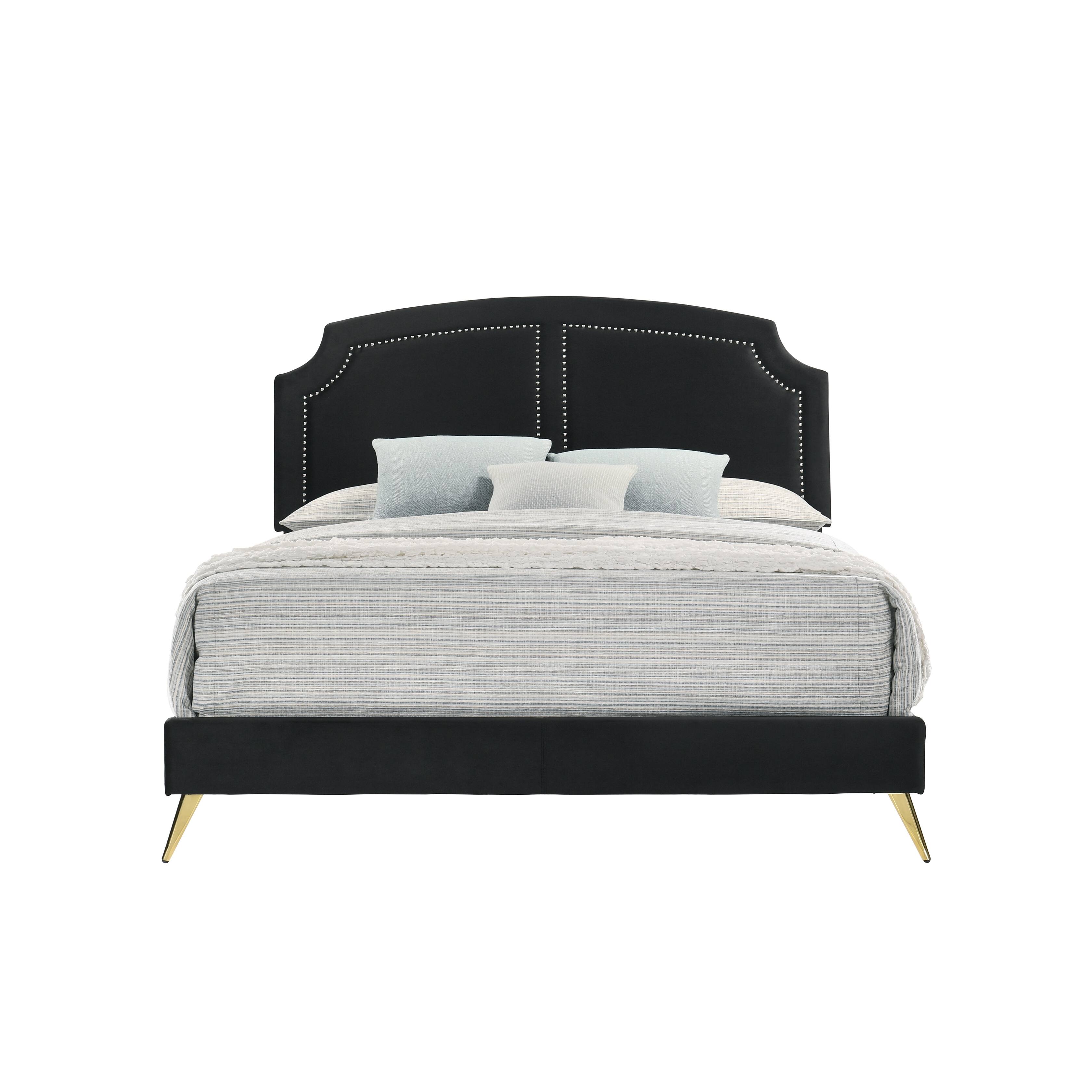 Black Velvet Upholstered Eastern King Bed Contemporary Style, Gold