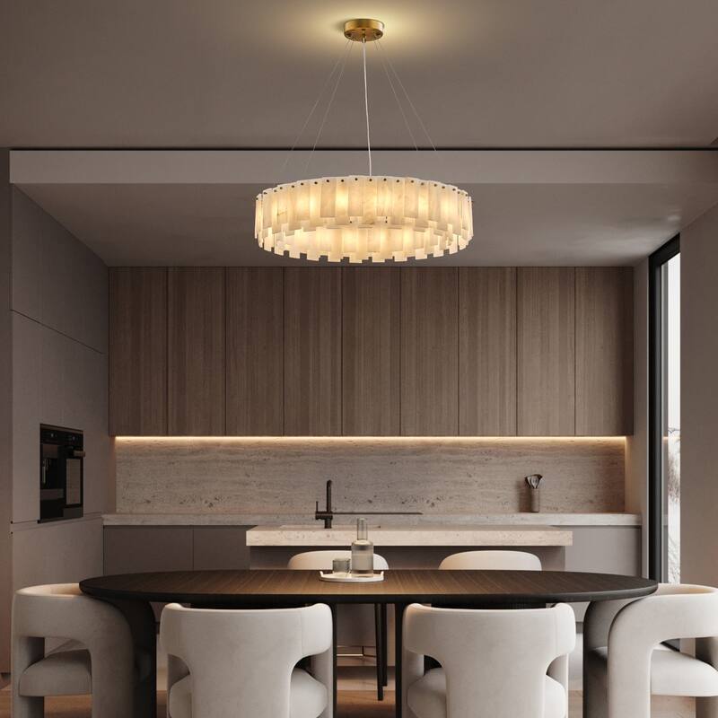 Modern Layered Alabaster Slice Chandelier, Round or Linear Pendant Light, D600-L1200 - Gold