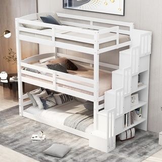 Twin Size Triple Bunk Bed with Storage Staircase, Solid Wood Bunk Bed Frame with Safe Guardrails for Girls Boys, Separate Design