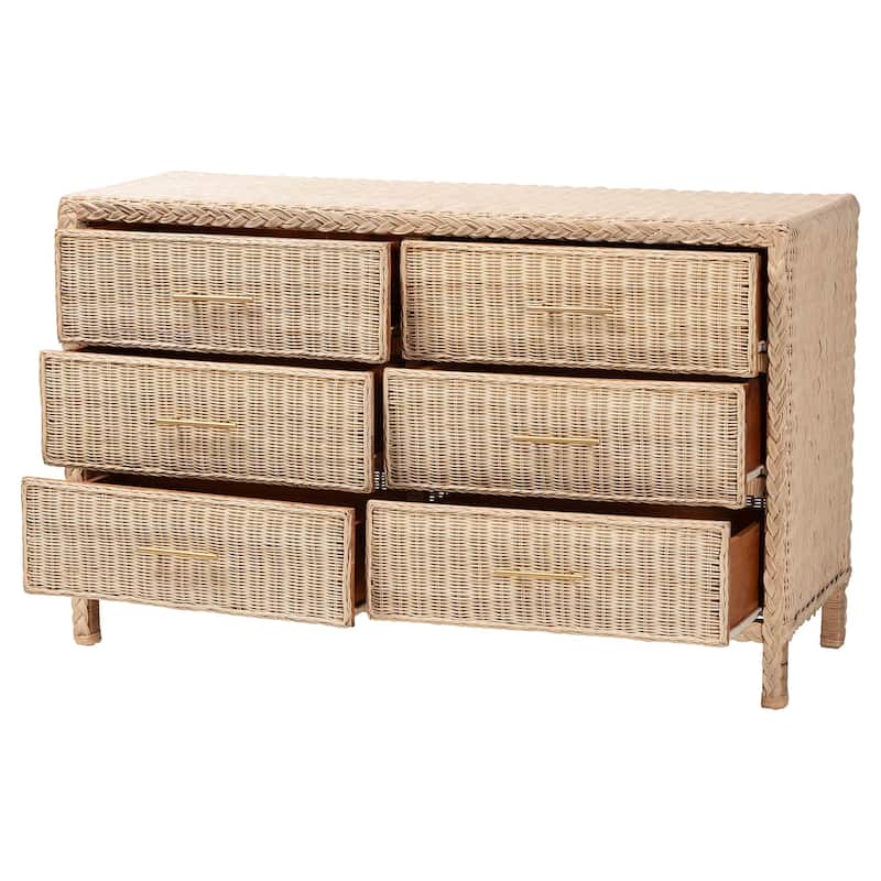 Lanica Japandi Sun-Bleached Braided Rattan 6-Drawer Dresser
