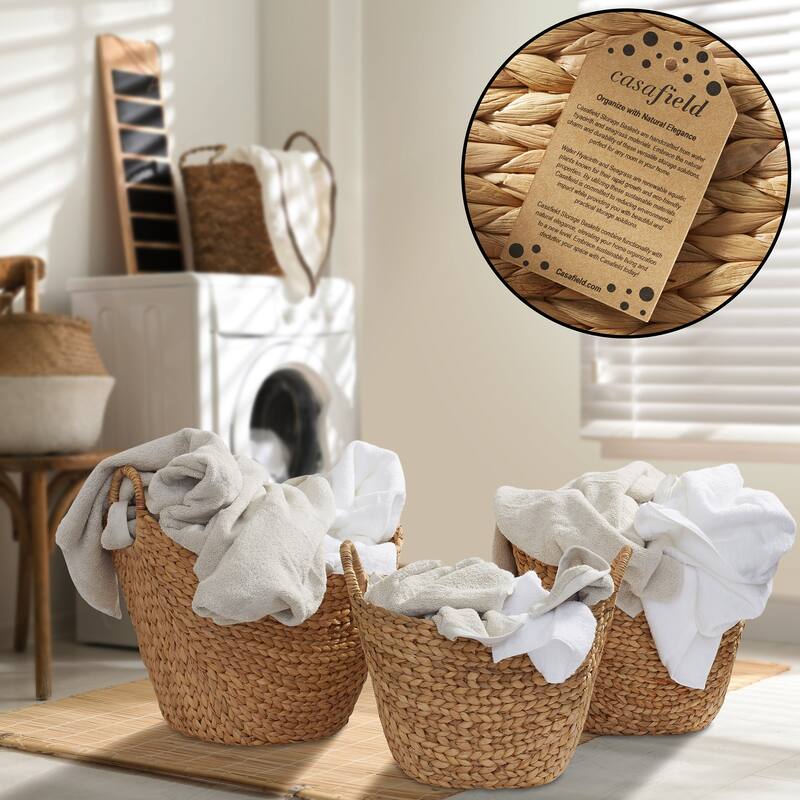 Set of 3 Water Hyacinth Boat Baskets Natural Woven Laundry Bins - Boat Shaped Baskets