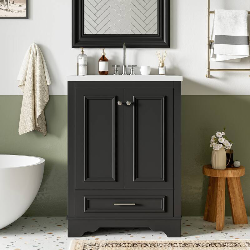 Bathroom Vanity with Sink, Bathroom Storage Cabinet with 1 Drawer and 2 Doors, Bathroom Vanities with Adjustable Shelf - Black