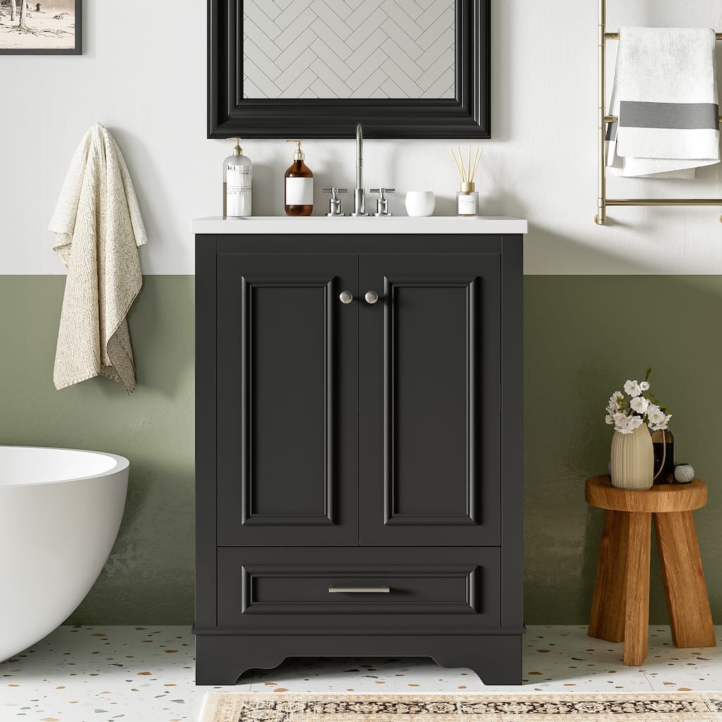 Roomfitters 24" Vanity with Ceramic Sink, Freestanding Cabinet with Silver Handles and Soft Closing Doors