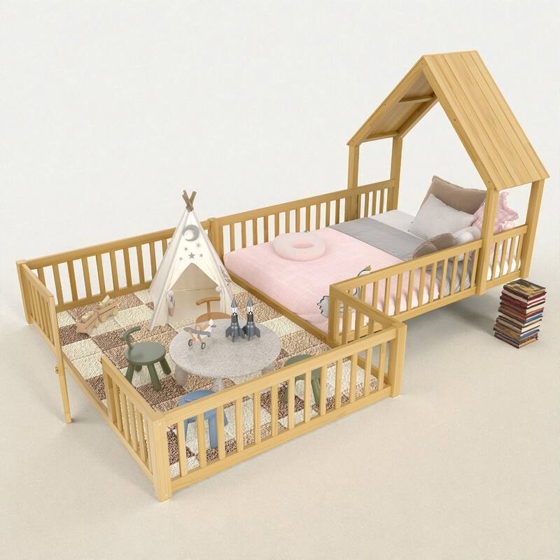 Twin/Full Size House Floor Bed with Door and Guardrails, Double Twin/Full Solid Wood Montessori Bed for Kids