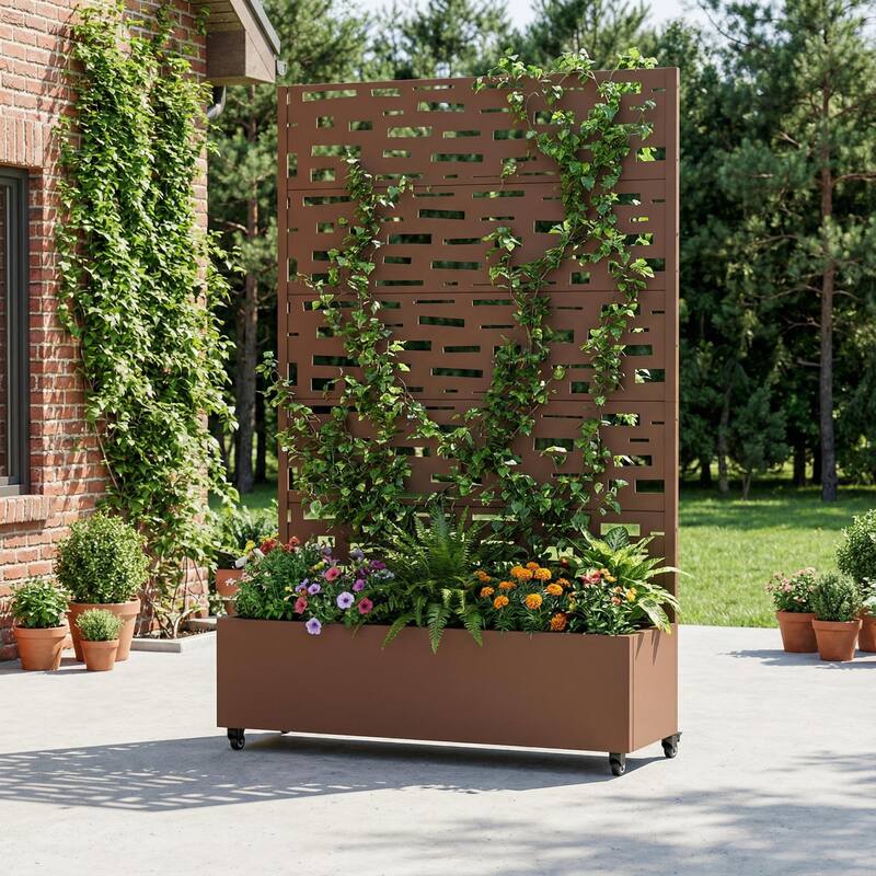 Raised Garden Bed Planter with Trellis Movable Planter Box with Lockable Wheels - 72*47 - Brown