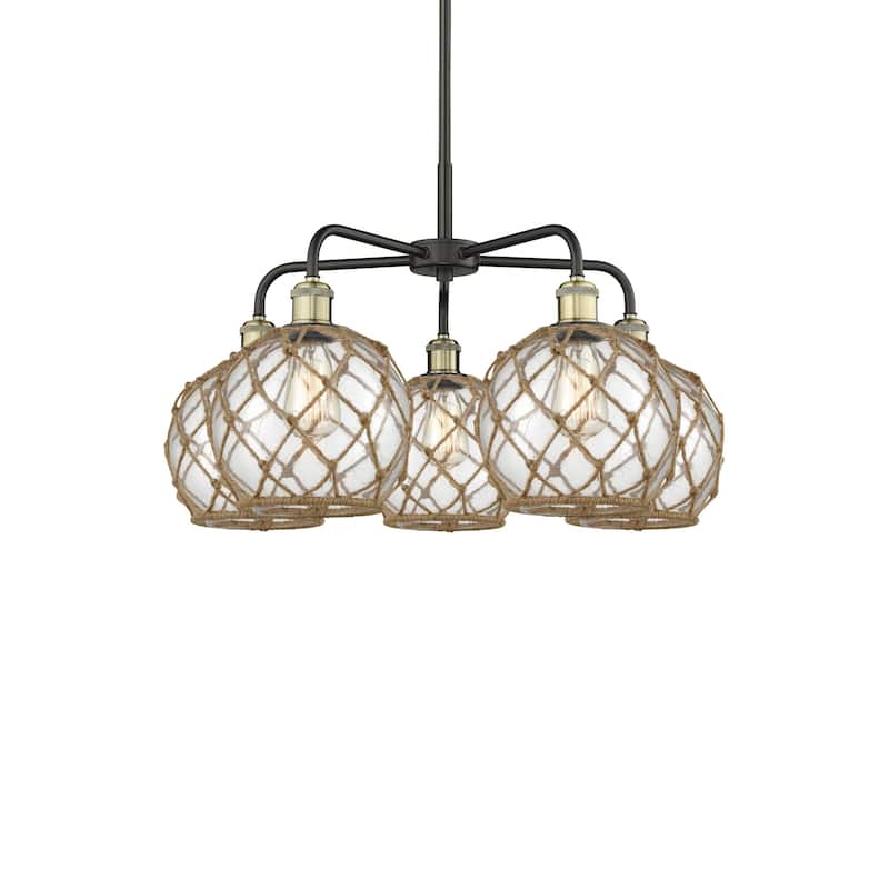 Innovations Lighting 516-5CR-16-27 Farmhouse Rope Chandelier Farmhouse - Black Antique Brass / Clear Glass with Brown Rope