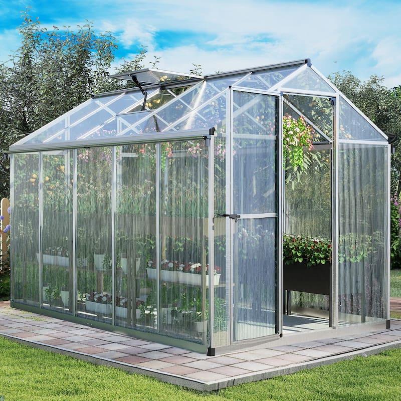 Aoodor 6' x 10' Polycarbonate Walk-in Greenhouse with Aluminum Frame and Roof Vent - 6' x 10'