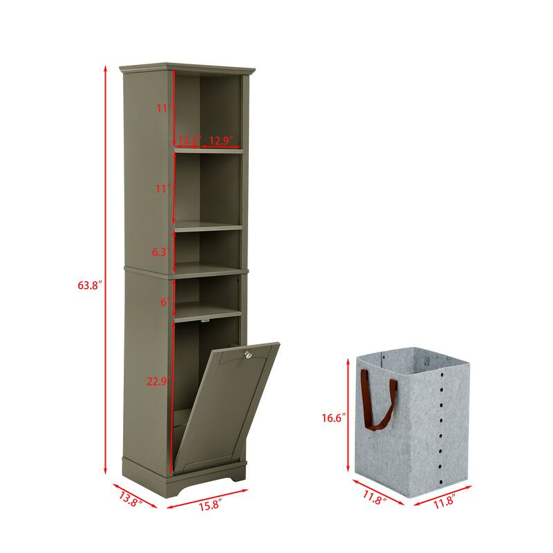 64" Tall Bathroom Floor Standing Storage Cabine with 4 Adjustable Shelves & Laundry Hamper Storage