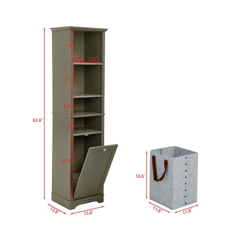 Roomfitters Tall Bathroom Storage Cabinet, Narrow Floor Organizer with Laundry Hamper, Small Space Linen Tower, Grey