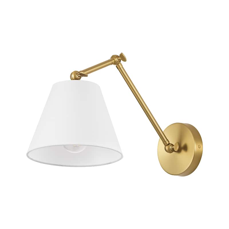1-Light Modern Brushed Gold Adjustable Swing Arm Wall Sconce with Cone Fabric Shade for Bedroom, Study